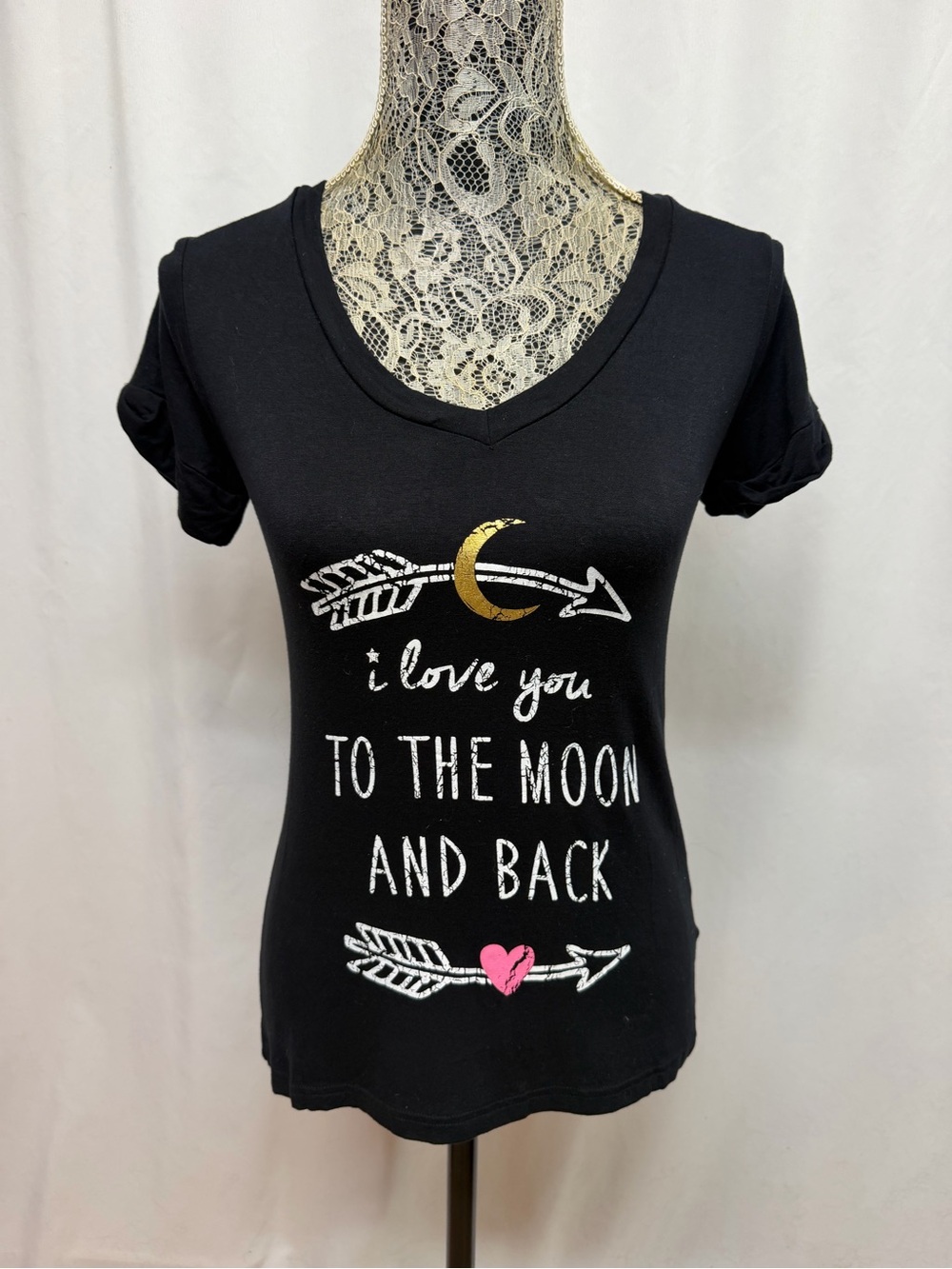Pink Rose Women’s S Black I Love You To The Moon & Back Graphic V Neck T Shirt